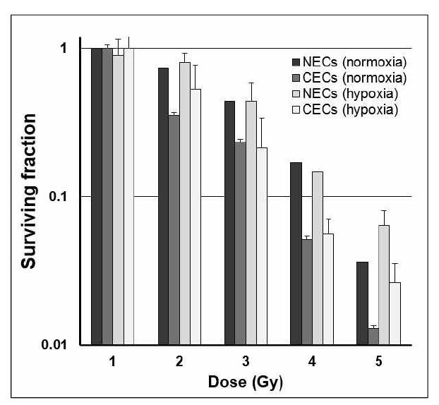 Radiosensitivities between normal and cancer endothelial cells isolated from human breast cancer tissues under hypoxia. NECs, normal endothelial cells; CECs, cancer endothelial cells