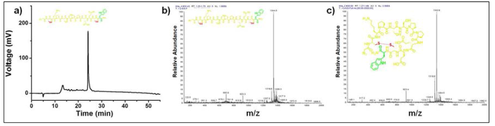 A6W peptide (a)의 HPLC chromatogram. A6W peptide (b)와 cA6W peptide (c)의 분자량 확인