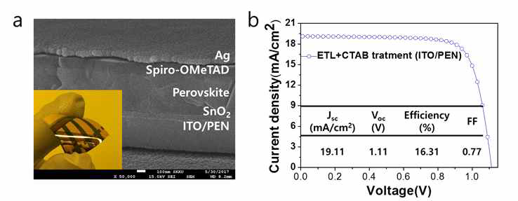 a.화학적 계면처리를 적용한 유연 페로브스카이트 소자 구조의 단면 FESEM 이미지 b.이에 의한 소자 특성