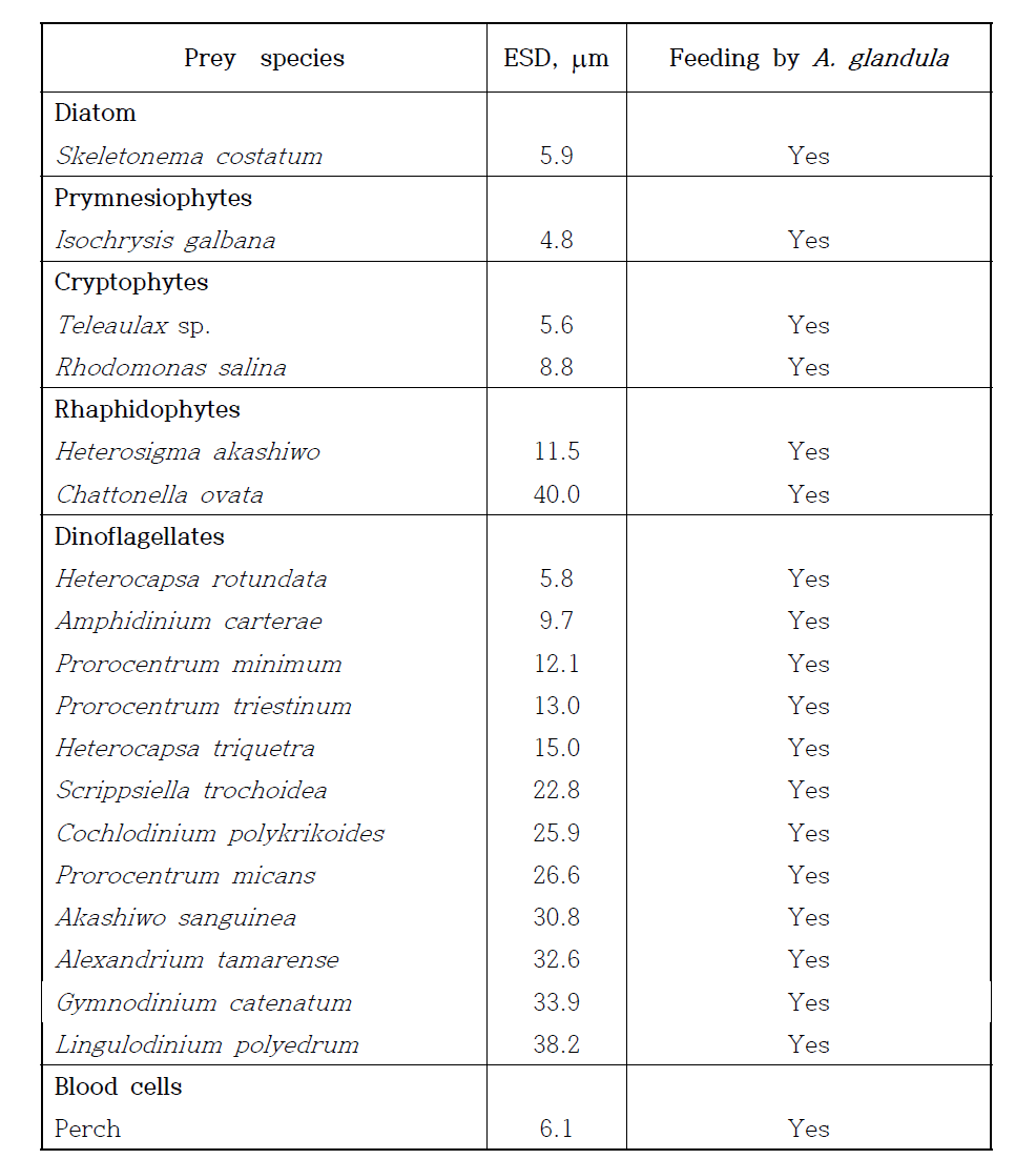본 연구팀이 규명해 낸 종속영양성 편모류 Aduncodinium glandula의 다양한 먹이종류 및 이들에 대한 섭식 유무 실험 결과 (Jang et al. 2016)