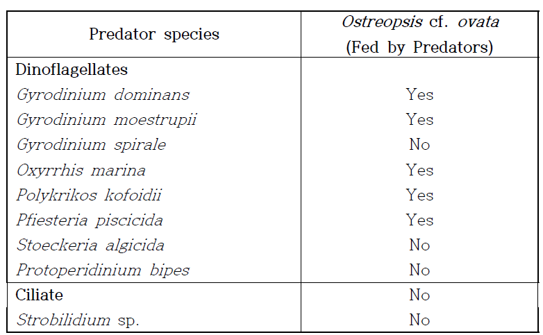 독성 편모류 Ostreopsis cf. ovata와 O. cf. ovata를 잠재적으로 포식할 확률이 높은 편모류 및 섬모류들을 함께 배양하여 확인한 포식 유무 실험 결과 (Yoo et al. 2015)
