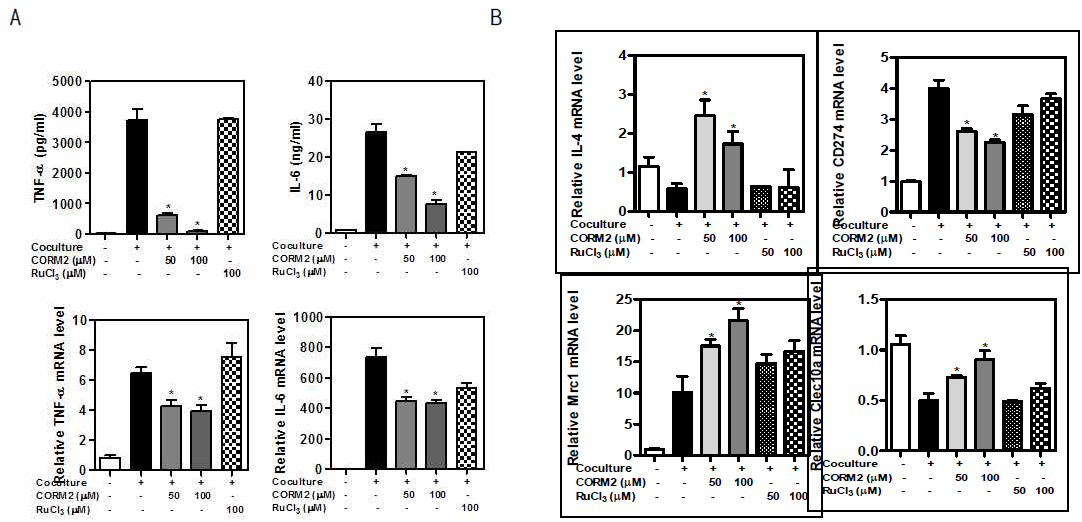 CO producer (CORM2) reduces transcript of inflammatory cytokines and enhances M-2 macrophages in cocultured adipocyte/macrophages. 3T3-L1 adipocytes were cocultured with Raw264.7 macrophages with/without pretreatment of CORM2 for 24h. RuCl3 was used as control. Levels of TNF-α, IL-6 mRNAs were measured by qRT-PCR or ELISA (A). M2-macropahge marker M1 (CD274) and M2 markers (Mrc1, Clec10a) were measured by qRT-PCR (B), b-actin was used as control gene. Experiment was set up in triplicate. * P<0.05,#P<0.005,##P<0.001 (compared with control)