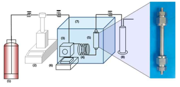 제염 실험장치 모식도 : (1) 이산화탄소 실린더, (2) 실린지 펌프,(3) 교반용기 (4) 예열용기, (5) 원통형 실험용기, (6) 교반기, (7) 항온조, (8) 포집기