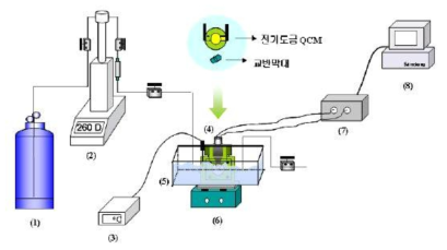 QCM 이용한 금속피막 제거 실험 장치 (1) 이산화탄소 실린더, (2) 실린지 펌프, (3) 온도조절기 (4) 압력용기, (5) 항온조, (6) 교반기, (7) 계측장치, (8) 모니터