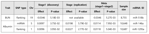 miRNA 관련 SNP들에 대한 신장 기능 형질들과의 연관성 분석 결과