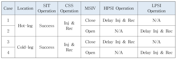 고온관과 저온관 안전주입계통의 작동 여부에 따른 시뮬레이션 Case