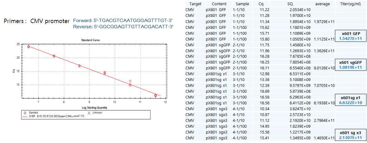 Production and titration of pX601-GFP and pX601-sgRNA(GFP, HBX)