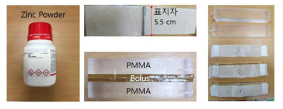 표지자 PET/CT 영상 촬영 실험 준비 사진. PMMA와 Bolus 중간에 표지자를 삽입함