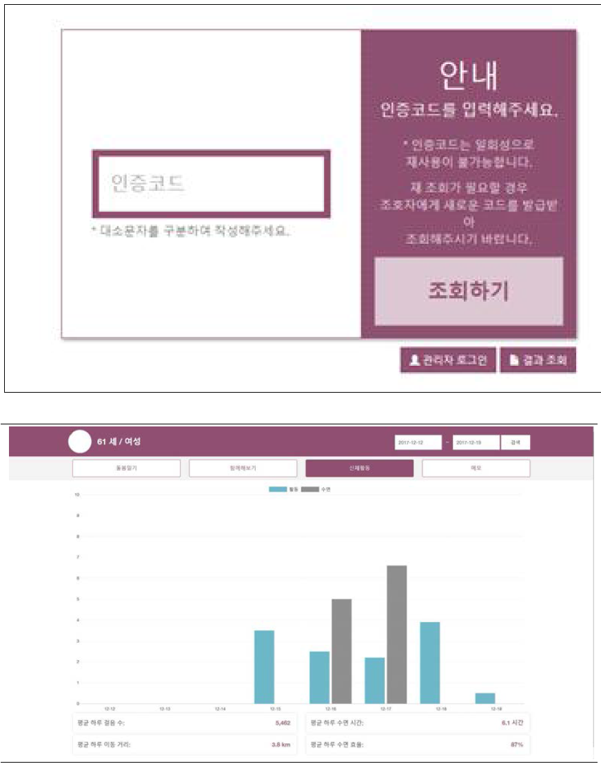 인증코드 입력 화면 및 결과조회 화면