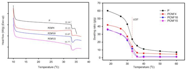 DSC thermograms (left) and temperature dependence (right) of hydrogel with 3% CNF content and polymerized at 11℃