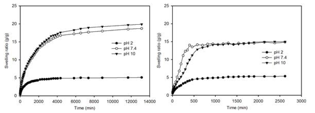 pH dependence of hydrogel (left) polymerized at 11oC and polymerized at –20℃ (right)