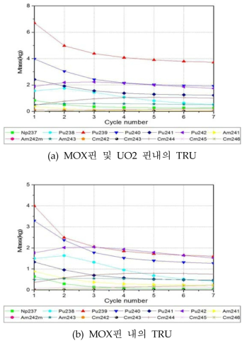 Case 2 집합체에 대한 재순환주기에 따른 TRU핵종의 질량변화