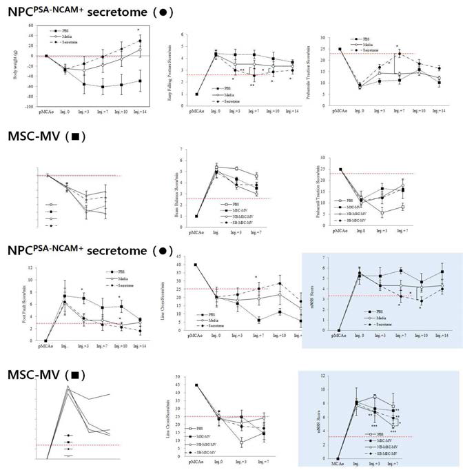 뇌졸중 동물에 이식한 신경전구세포의 분비단백체와 MSC의 미세소포체를 염증억제 효과의 비교 분석. 중간엽 줄기세포의 미세소포체에 비해 전분화능줄기세포-유래 신경전구세포의 분비단백체가 신속하게 행동개선 효과를 발휘함을 확인할 수 있음. 붉은 선은 신경전구세포 분비단백체 투여 7일후에 관찰되는 행동개선의 수준을 나타낸 것으로 같은 실험 조건에서 신경전구세포의 분비단백체가 더 효과적이고 신속하게 행동개선을 유도함을 의미함
