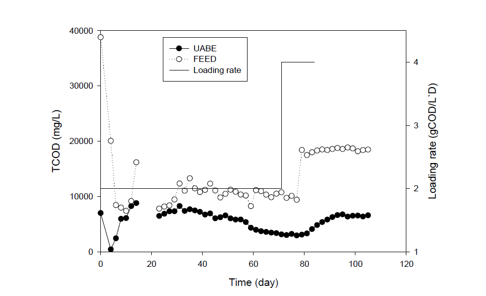 Removal efficiency of COD in the 100L UABE reactor