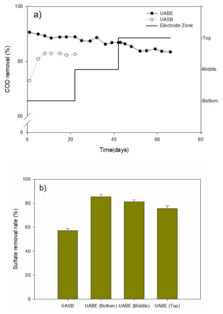 COD removal efficiency(a) and sulfate removal rate(b) in upflow reactors according to the polarized electrode location