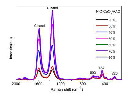 Typical Raman spectra of the NiO‐CeO2/AAO catalysts after the DRP