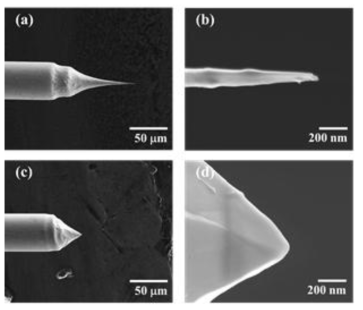 SEM images of Au tips fabricated at (a, b) 1000 Hz and (c, d) 2000 Hz ((a) and (c) at × 350 magnification; (b) and (d) at × 65,000 magnification)