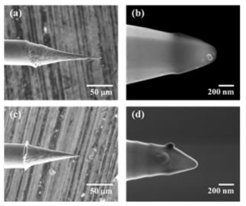 SEM images of Au tips fabricated at (a, b) 1.0 mm and (c, d) 1.5 mm immersion depth ((a) and (c) at × 350 magnification; (b) and (d) at × 65,000 magnification)