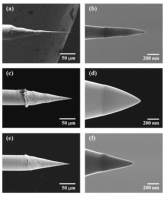 SEM images of Au tips fabricated at (a, b) 3 V, (c, d) 5 V and (e, f) 7 V ((a), (c) and (e) at × 350 magnification; (b), (d) and (f) at × 65,000 magnification)