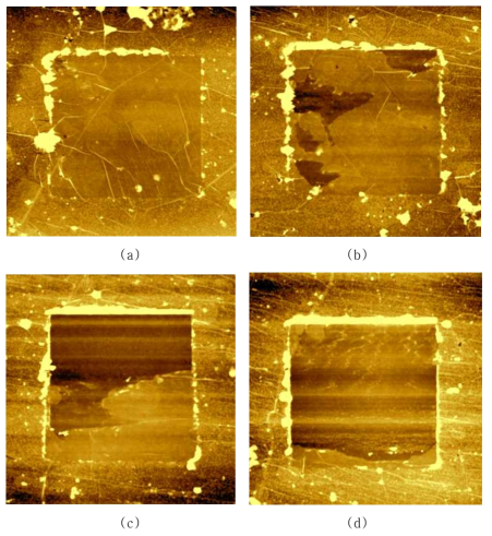 AFM images of single layer graphene after wear tests at loads of (a) 50 nN, (b) 450 nN, (c) 850 nN, and (d) 1250 nN