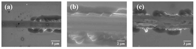 SEM images of microcracks on ZrO2 film in microscratch test: (a) crack initiation (b) gross spallation and(c) compressive spallation