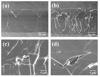 SEM images of macrocracks in macroscratch test: (a) primary tensile crack (b) transition region from type 2 to type 3 (c) crack network (d) chipping out of film