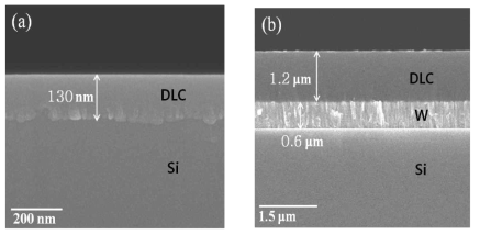 Cross-sectional FE-SEM images of (a) the Si-DLC film and (b) the Si-W-DLC film