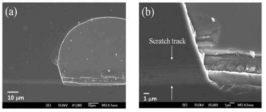 FESEM images of (a) gross film failure and (b) magnified view of the damage near the track