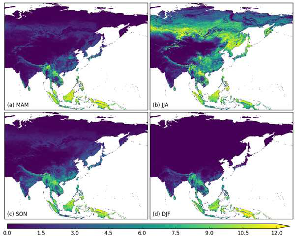 Seasonal mean GPP of East Asia in (a) March-April-May, (b) June-July-August, (c) September-October-November, and (d) December-January-February