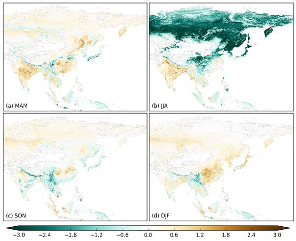 Seasonal mean NEE of East Asia in (a) March-April-May, (b) June-July-August, (c) September-October-November, and (d) December-January-February