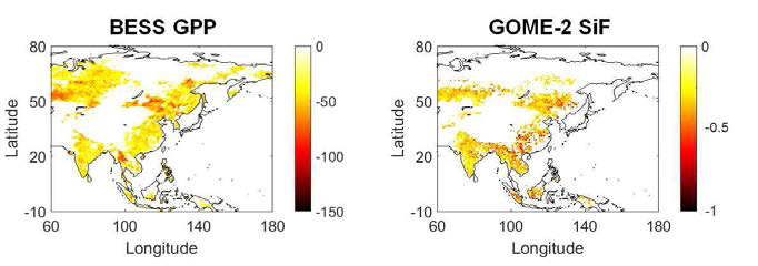 2007-2015년에 걸친 총일차생산량 및 태양유도 엽록소 형광물질 감소 극값 공간패턴 (단위: gC m-2year-1(왼쪽), mW m-2nm-1year-1(오른쪽))
