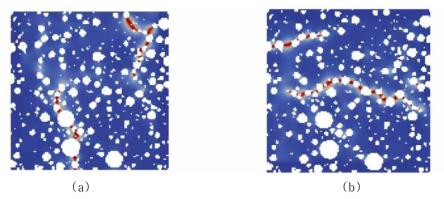 2차원 glass bead 시편의 CPFM 균열 진전 패턴: (a) x 방향 하중, (b) y 방향 하중