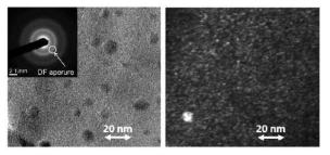 a) Typical BF image of a-Si:H with Sn particles on its surface, with corresponding diffraction pattern (inserted in corner), b) DF image of the film. DF aperture used for b) is marked in the diffraction pattern in a)