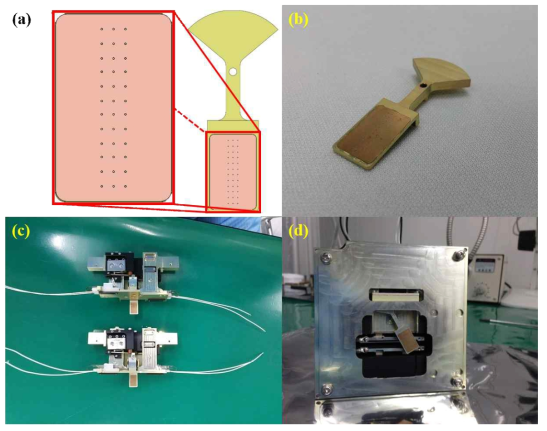 (a) 36 개의 구멍이 있는 BeCu Foil의 3-D CAD 모델. (b) 패들 구조에 에폭시로 장착된 BeCu Foil. (c) 감쇄기의 이동 기구 구조. (d) telescope 구조에 조립된 감쇄기