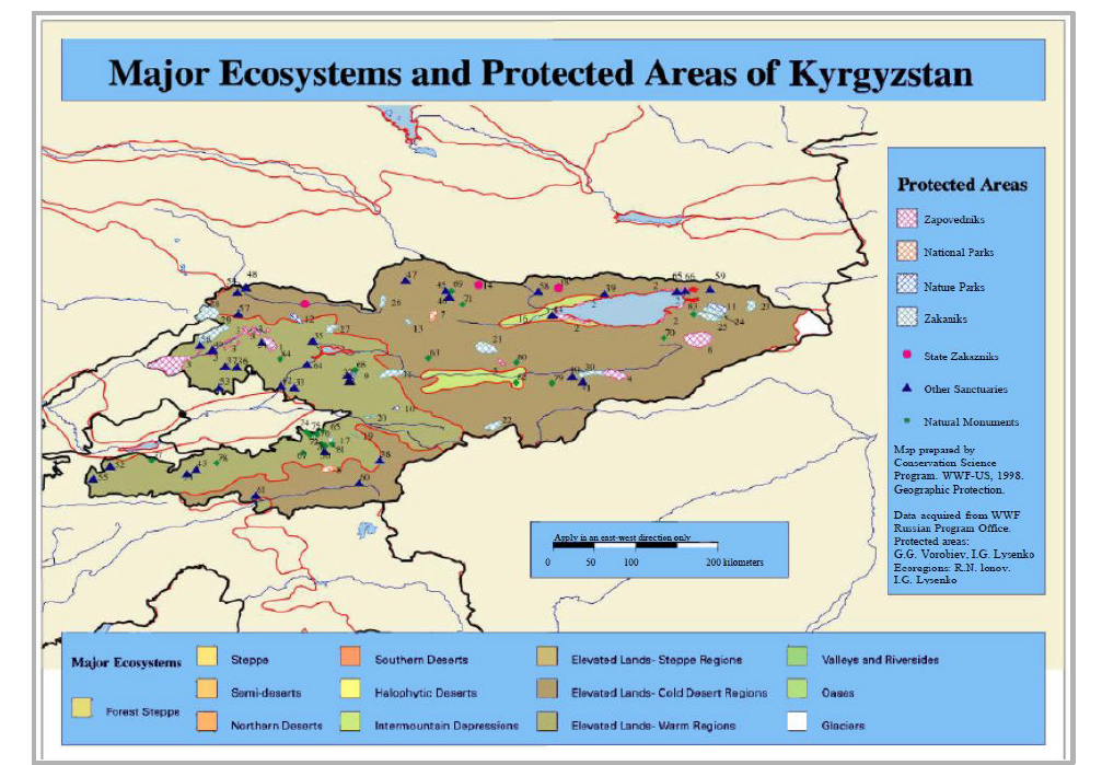 키르기스스탄 주요 생태계 및 보호 구역(Biodiversity Assessment for Kyrgyzstan, 2001)