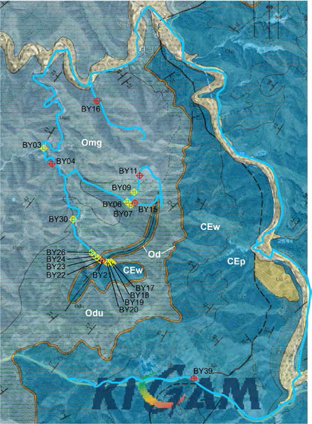 석회암지역(백이산)의 지질도[태백산지구지하자원조사보고서(1962)로부터 수정]와 조사경로 및 시료 채취 위치. CEp-풍촌석회암; CEw-화절층; Od-동점규암; Odu-두무동층; Omg-막동석회암. 황색 지점-박편시료 채취, 적색 지점-박편, XRD, XRF 시료 채취