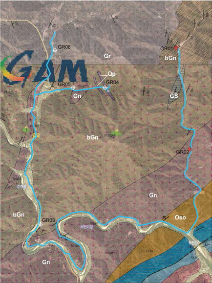 화강암지역(구룡산) 일대의 지질도[원 등(1974)과 고 등(2011)로부터 수정]. Gn-흑운모화강편마암; bGn-흑운모편마암 또는 치악산편마암; Gr-운학화강암; Oso-송봉층; GS-금대리편암; Qp-석영반암. 백색 지점-노두 관찰, 적색 지점-박편, XRD, XRF 시료 채취