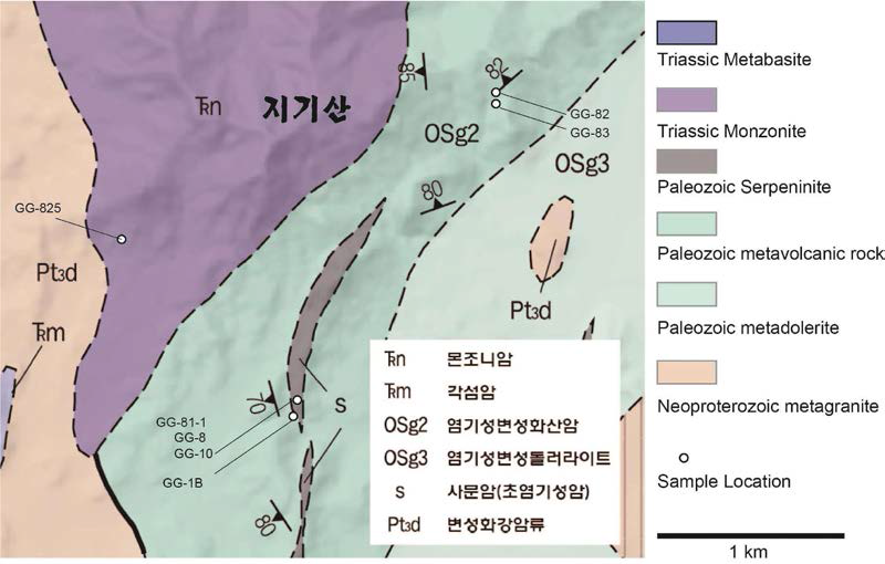 사문암지역(지기산)의 지질도[김 등, (2014)으로부터 수정]. Metagranite: 변성화강암; Serpentinite: 사문암; Metadolerite: 변성 돌러라이트; Metavolcanic rock: 변성화산암; Monzonite: 몬조니암; Metabasite: 변성염 기성암