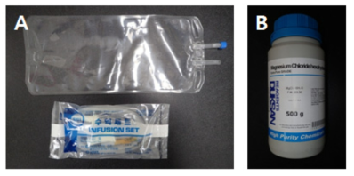 마취도구 및 시약. A. 1L 수액세트, B. MgCl2 hexahydrate