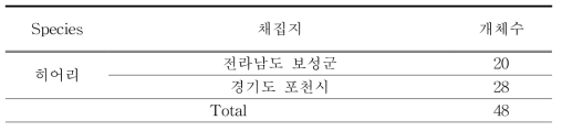 히어리 집단분석용 마커 개발에 사용된 시료 정보