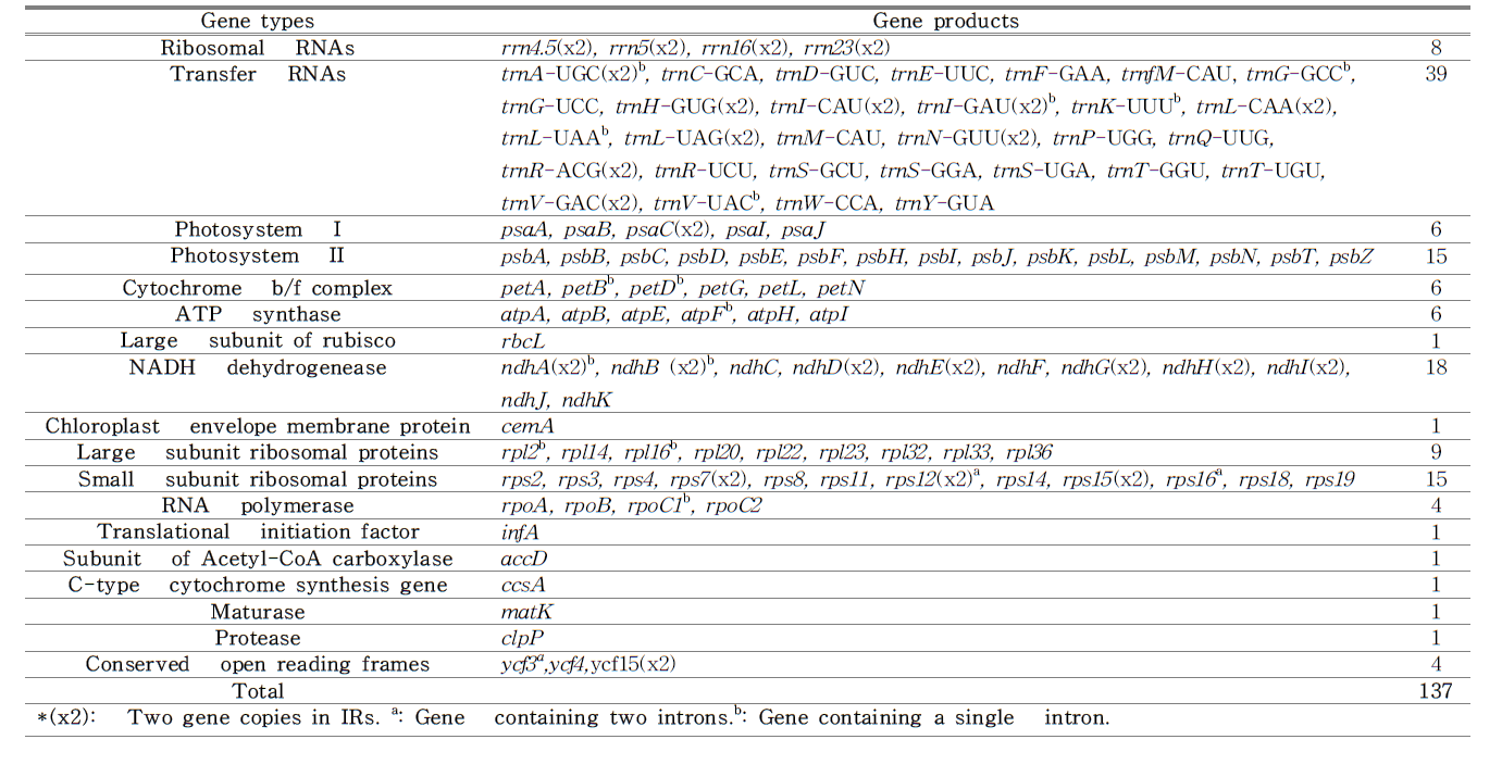 홍월귤 엽록체 유전체 상의 유전자 목록