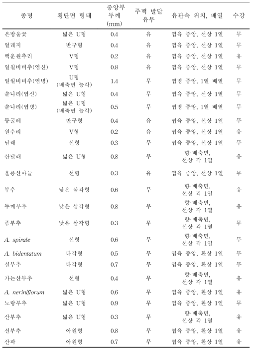 백합과 식물의 잎 조직 비교