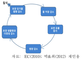 토양침식의 직접 또는 간접적인 영향과 요소 간의 상호 관계