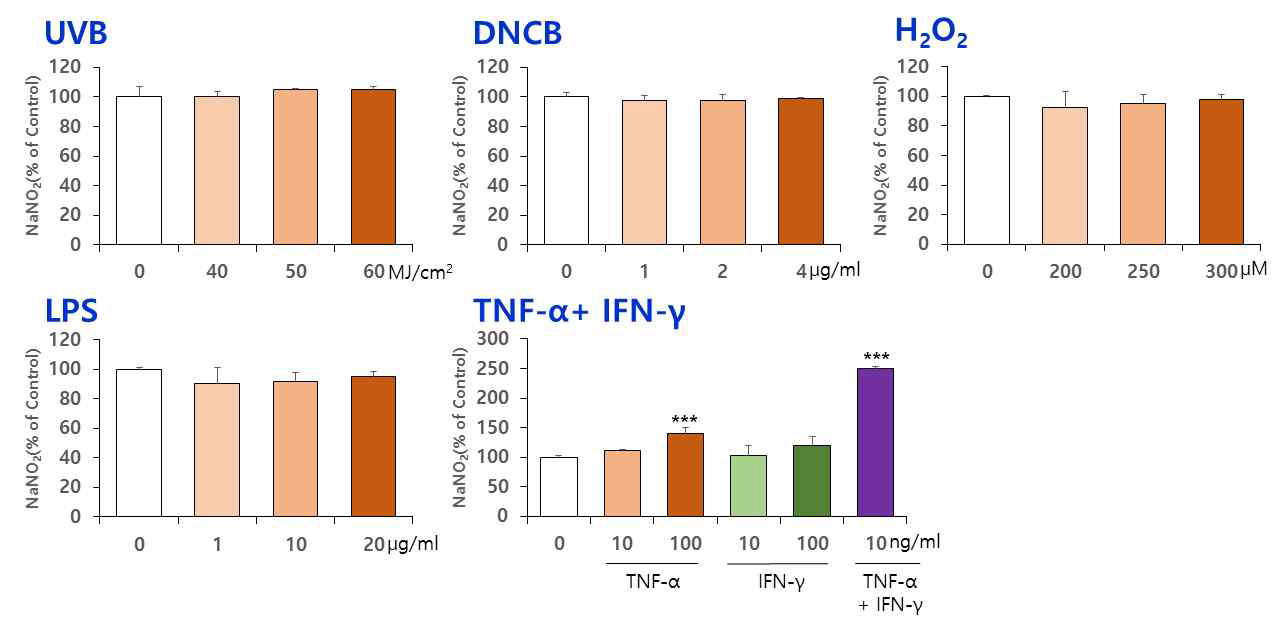 HaCaT cell을 이용하여 UVB, LPS, DNCB, H2O2, TNF-α와 IFN-γ 피부 염증 자극제에 의한 NO 유발조건을 시도한 NO assay 실험결과. UVB, 40, 50, 60 (mJ/cm2); DNCB, 1, 2, 4 (㎍/ml); H2O2, 200, 250, 300 (μM); LPS, 1, 10, 20 (㎍ /ml); TNF-α, 10, 100 (ng/ml); IFN-γ, 10, 100 (ng/ml); TNF-α+IFN-γ, 10 (ng/ml)