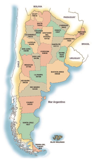 Argentina: total and endemics medicinal species respectively in each province