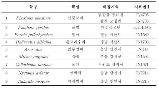 미토콘드리아 유전체 분석 대상종 목록