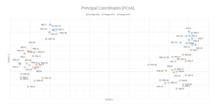 염주알다슬기 개체별의 주성분 분석(PCoA)
