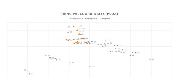 띠구슬다슬기의 개체별 주성분 분석(PCoA)