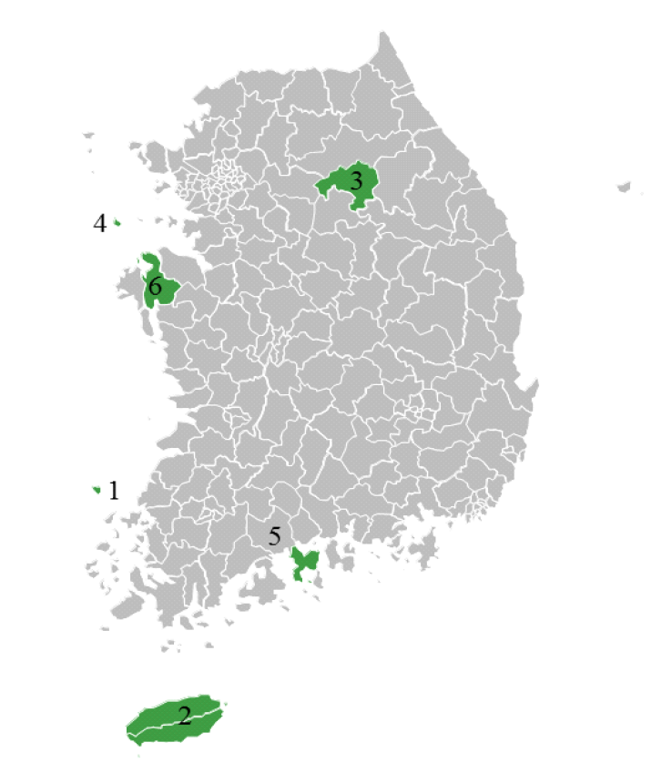 2016년 및 2018년 애기뿔소똥구리 채집지 1 영광군 안마도, 2 제주도 해안동, 3 강원도 횡성, 4 인천 굴업도, 5 전남 화태도, 6. 충남 서산