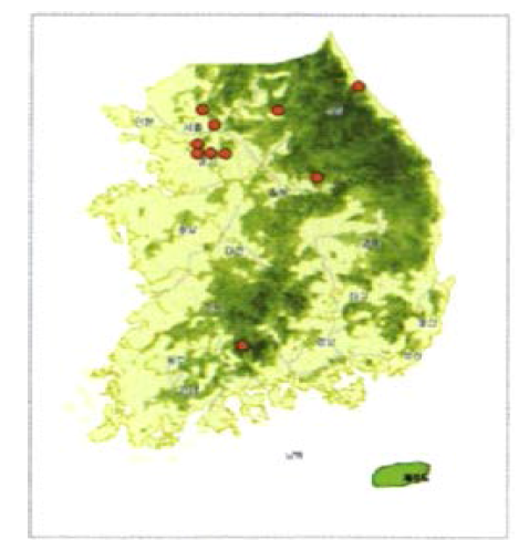 참호박뒤영벌의 분포(Yoon et al. 2007)